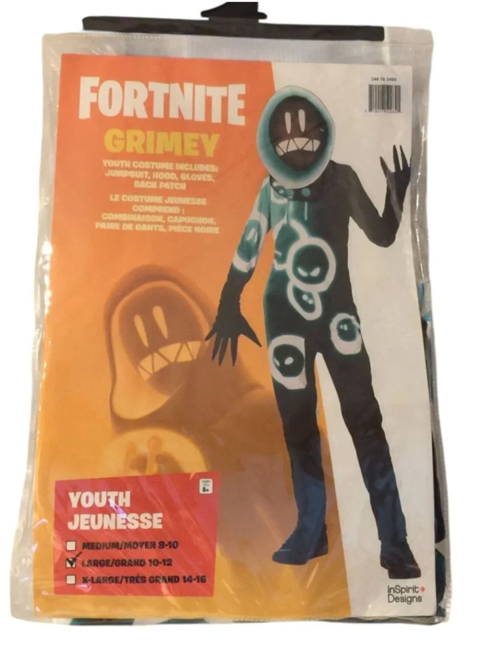 FORTNITE Grimey Kids Youth Large 10-12 Jumpsuit Hood Gloves Back Patch